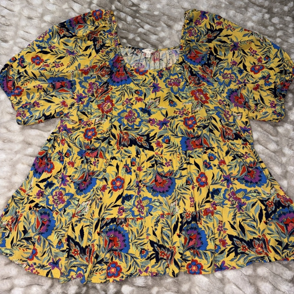 Terra & Sky Womens Plus 90's Top Floral Baby Doll Puff 3XL Relaxed Summer